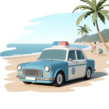 A 3D police car, painted in a glossy blue and white design with a red and blue light bar on top, is parked on the sandy beach. The car is positioned at an angle, showcasing its sleek profile and distinctive markings. Bright sunlight casts clear shadows on the sand, highlighting the texture of the beach. In the background, the ocean waves gently lap at the shore, with a few beachgoers enjoying the sun and playing nearby. Palm trees sway in the light breeze, adding to the vibrant beach atmosphere.