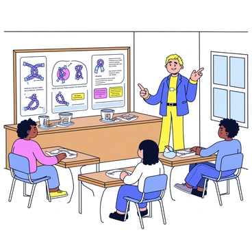 A classroom setting with light-colored walls and wooden floors. In the front of the room, there is a large bulletin board displaying colorful charts that illustrate the "cleat hitch" knot with step-by-step instructions. On a table, there are various models and materials used for knot tying, including ropes and cleats. Several desks are arranged neatly with students sitting at them, focused on the lesson. The teacher stands at the front, pointing towards the charts while holding a rope to demonstrate the knot. Sunlight streams through the windows, creating a warm and inviting atmosphere.