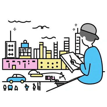 An artist, wearing a gray cap and a blue shirt, is sitting on the edge of a rooftop, focused on sketching. He is holding a pencil in one hand and a sketchbook on his lap. Below him, a vibrant urban cityscape is visible, featuring tall buildings and bustling streets. The skyline includes a mix of modern glass structures and classic brick buildings. People are walking on the sidewalks, and cars are driving along the streets. The sky is clear with a few fluffy clouds, providing natural light for the scene.