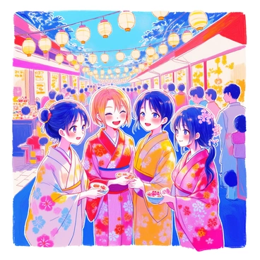 Anime characters are dressed in colorful yukatas, showcasing a variety of vibrant patterns and hues. They are gathered together at a summer festival, smiling and interacting with one another. The setting is illuminated by numerous paper lanterns hanging above, casting a warm glow over the scene. In the background, stalls with traditional festival foods are visible, and people are enjoying games and activities. The atmosphere is lively, filled with excitement and joy.