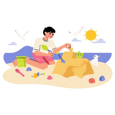 A child sitting on a sandy beach, intently focused on creating "intricate sand art sculptures." The child is using "various tools" such as a small plastic shovel, a bucket, and a carving tool to shape the sand. Surrounding the child are colorful "shells" of different sizes and shapes, which the child is incorporating into the sculptures. The sun is shining brightly, and a few seagulls can be seen in the background, adding to the lively beach atmosphere. The ocean waves crash gently in the distance, creating a serene setting for the child's artistic endeavor.