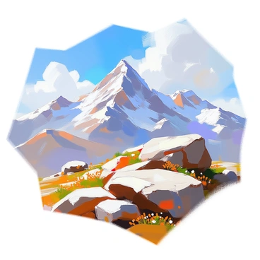 A panoramic view of snow-capped mountain peaks towering majestically against a bright, sunny sky. The mountains are rugged and steep, their white summits glistening under the sunlight. In the foreground, a rocky terrain with patches of green grass and small wildflowers creates a contrast with the white snow. The clear blue sky is dotted with a few fluffy white clouds, adding depth to the scene. The sun is shining brightly, casting shadows that enhance the texture of the mountain faces.