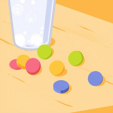 A close-up of colorful cough drops scattered on a table next to a glass of water
