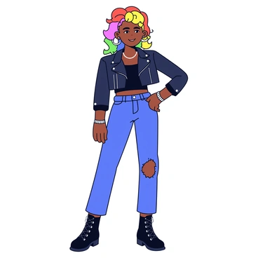 A model with vibrant rainbow-colored hair styled in bold, dynamic shapes. The hair features a mix of bright hues, including red, orange, yellow, green, blue, and purple. The model wears edgy fashion, consisting of a leather jacket with silver studs, a fitted black top, and high-waisted ripped jeans. The outfit is complemented by chunky black boots and statement accessories like spiked bracelets and oversized earrings. The model poses confidently with one hand on their hip, showcasing the striking hair and outfit.