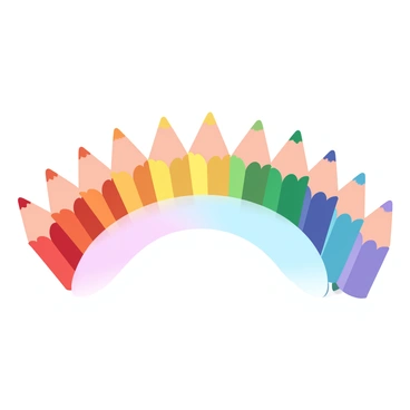 A series of colored pencils is arranged in an arc to form a rainbow. Each pencil features a different vibrant color, smoothly transitioning from red to orange, yellow, green, blue, indigo, and violet. The pencils are placed closely together, showcasing their pointed tips at the top of the arc. The background behind the rainbow is a soft gradient of pastel colors, enhancing the bright hues of the pencils.