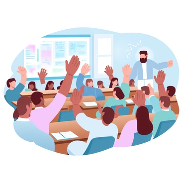 A classroom filled with students of various ethnicities, each eagerly raising their hands. The students are seated at wooden desks, with books and notebooks scattered in front of them. The room has colorful educational posters on the walls, depicting various subjects. A teacher stands at the front of the classroom, engaging with the students. The students display diverse attire, reflecting their cultural backgrounds. Sunlight streams through the windows, illuminating the vibrant atmosphere of learning and participation.