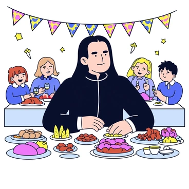A stern-looking Severus Snape seated at the staff table during a grand Hogwarts feast. Snape is wearing his traditional black robes with a high collar that frames his face. His long, dark hair falls straight down past his shoulders. The staff table is decorated with an array of dishes filled with various foods, including roasted meats and vibrant platters of fruits and desserts. Candles float above the table, casting a warm glow over the scene. Students can be seen in the background, joyfully enjoying the feast as colorful banners hang from the ceiling.