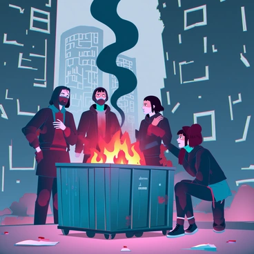 A grim dystopian scene features a group of weary survivors huddled around a flickering dumpster fire. The survivors have rugged clothing, showing signs of wear and tear, with some wearing makeshift masks to shield themselves from the smoke. The dumpster is metal, with a charred exterior, emitting orange flames and thick black smoke rising into the dark, overcast sky. In the background, crumbling buildings loom, their windows shattered and walls covered in graffiti. Debris and discarded items litter the ground, adding to the desolate atmosphere. The survivors have expressions of determination and resilience as they gather close to the fire, seeking warmth and a moment of solace in the harsh environment.