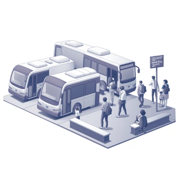 A bus terminal bustling with activity. Several buses are parked at the terminal, with their doors open, allowing passengers to board and disembark. A diverse group of people is present, including individuals of various ages and backgrounds, some carrying backpacks while others hold small children by the hand. There are benches along the terminal, where some people are seated, waiting for their bus. A digital display board is visible, showing arrival and departure times. The scene conveys a sense of movement and energy, illustrating the dynamics of a growing urban population.