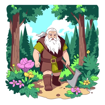 A dwarf named Gimli is walking through a lush forest filled with vibrant flora. He is clad in traditional dwarven armor, with a sturdy axe slung over his shoulder. Tall trees with thick trunks surround him, their leaves forming a rich canopy overhead. Colorful flowers bloom at his feet, and a variety of green ferns are scattered throughout the underbrush. Gimli pauses to admire a particularly large, bright flower, his expression one of wonder and appreciation. Sunlight filters through the leaves, casting dappled shadows on the forest floor.