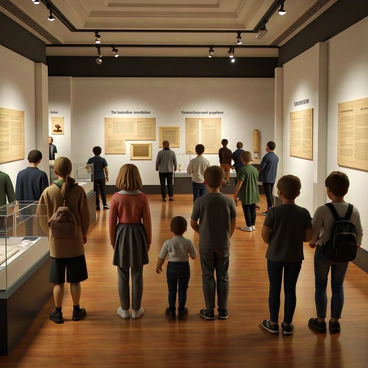 An interior view of a museum exhibition showcasing historical artifacts related to the constitutional convention. The space features well-lit display cases containing items such as parchment scrolls, quill pens, and early printing presses. There are large informational panels on the walls detailing the significance of the artifacts. Visitors, including a diverse group of people of various ages, are observing the exhibits with interest. The floor is polished wood, and the ceiling has elegant molding, contributing to the museum's formal atmosphere.