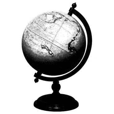 An antique globe is resting on a polished wooden stand. The globe features hand-drawn continents, each one meticulously detailed with illustrations of mythical creatures intertwined within the landmasses. The oceans are adorned with intricate wave patterns, and the equator is marked with a delicate line. The globe's surface is slightly worn, showing its age and history.