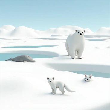An arctic landscape featuring polar bears, seals, and arctic foxes on ice