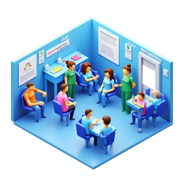 A community center interior filled with healthcare workers in scrubs administering vaccines. There are several vaccination stations with nurses preparing syringes and greeting patients. Some patients are sitting in chairs waiting for their turn, while others are receiving vaccines. The center has posters about vaccination benefits on the walls. There are tables with informational brochures and hand sanitizers available.