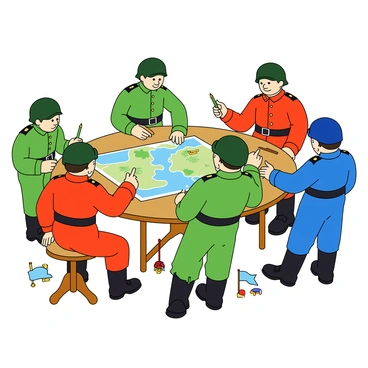 A group of six toy soldiers in various poses, made of brightly colored plastic. Each soldier wears a different uniform, including shades of green, blue, and red. They are gathered around a small round wooden table, pointing at a colorful map spread out on the surface. One soldier, holding a pencil, looks intently at the map while another leans over to discuss a plan. The table is cluttered with tiny toy weapons and a couple of small flags. The background is a simple playroom setting with a carpet and some other toys scattered around.