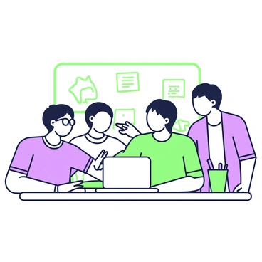 A team of four individuals is gathered around a rectangular table. One person with glasses is typing on a laptop placed in the center of the table. A notepad filled with notes is to the right of the laptop, next to a green cup holding a purple pen. Two team members are leaning in, engaged in discussion, while the fourth person is pointing at a shared document on the laptop's screen. The room has a whiteboard in the background with scribbled ideas and diagrams, creating a collaborative atmosphere.