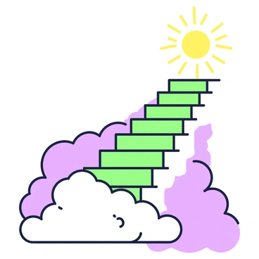 A staircase composed of soft, fluffy clouds is extending upward into the sky. Each step appears billowy and ethereal, blending seamlessly as it rises towards a bright, radiant light at the top. The clouds are shaped in a way that suggests gentle movement, creating an inviting path. Above the staircase, the golden light is emanating, casting a warm glow that accentuates the contours of the clouds. The scene evokes a sense of wonder and invites the viewer to imagine what lies beyond the light at the top of the staircase.