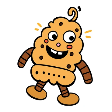 A playful monster made entirely of various types of biscuits, including chocolate chip, ginger snaps, and vanilla wafers. The monster has a big, wide grin showing its delight, and its googly eyes are large and expressive, bouncing with joy. Its body is rounded and fluffy, resembling a soft pile of cookies stacked together. The monster has little arms made of biscuit sticks, and its feet are formed from larger biscuit bases, giving it a whimsical and fun appearance.