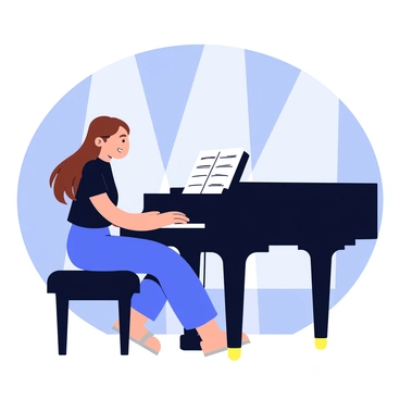 A woman with long, flowing brown hair is playing a grand piano on stage. She is seated on a black piano bench, with a focused expression on her face. The grand piano is polished and black, reflecting the soft stage lights. In the background, there are soft spotlights illuminating her figure, creating a gentle glow. The woman is wearing a simple, elegant black dress that falls just below her knees. Her fingers are gracefully dancing over the keys, and sheet music is visible on the stand in front of her. The audience is not visible, allowing the focus to remain on her and the music.
