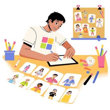An artist sitting at a wooden table, focused on illustrating unique "gacha character designs" on a sleek digital tablet. The artist has short black hair and is wearing a graphic t-shirt. Surrounding the artist are vibrant, colorful sketches of various characters, each showcasing different outfits and features. The sketches are scattered across the table, with some pinned to a corkboard in the background. The room is bright, filled with art supplies like markers and paintbrushes, adding to the creative atmosphere.