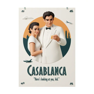 A vintage film poster titled "Casablanca" featuring iconic characters and scenes. In the center, Rick Blaine, wearing a classic white tuxedo and holding a glass of whiskey, has a contemplative expression on his face. To the left, Ilsa Lund, dressed in a stylish 1940s dress with a slight smile, gazes towards Rick. The background showcases the silhouette of the Casablanca skyline with the setting sun casting an orange glow. Below, the tagline "Here's looking at you, kid" is prominently displayed in bold, vintage typography. In the corners, you see details like an airplane and a crowd scene, capturing the essence of the film's dramatic tension.