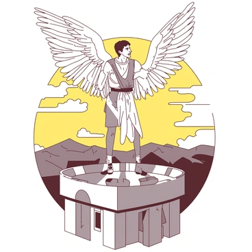 Icarus and Daedalus are positioned on the edge of a tall, grey stone tower. Daedalus is carefully adjusting the straps of his large, intricate wings made of feathers and wax, looking determined and focused. Icarus stands beside him, holding his own slightly smaller wings, his expression a mix of excitement and apprehension. The sun is setting in the background, casting a warm yellow light across the scene. Below them, a vast landscape filled with rolling hills and distant mountains can be seen, hinting at the freedom that lies ahead.