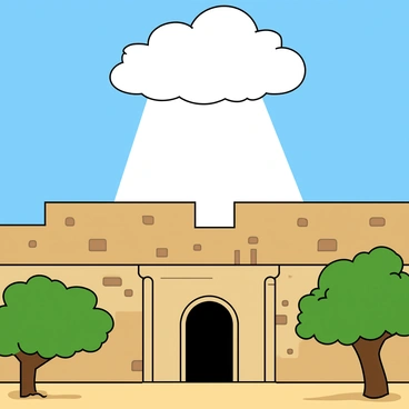 A bright shaft of white light streaming down from a fluffy cloud in a blue sky. The light is illuminating the ancient city of Nineveh, with its distinctive stone walls and large, arched doorways. The buildings are adorned with various shades of brown and beige, showing signs of age and history. In the foreground, there are lush green trees swaying gently. The scene conveys a sense of hope and warmth, as the light bathes the city in a glowing aura. The overall atmosphere is uplifting, highlighting the beauty of the architecture and the natural surroundings.