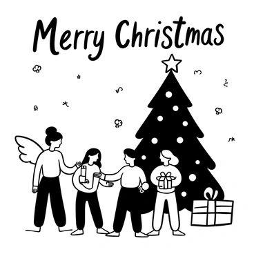 An angel with large wings is standing next to a beautifully decorated Christmas tree, which is adorned with ornaments and sparkling lights. The angel is holding a small gift, handing it to a friend, who is smiling while holding a wrapped present. Surrounding them are other friends, each holding gifts and exchanging happy gestures. The ground is covered with a layer of snow, and snowflakes gently fall around them, creating a festive atmosphere. The words "Merry Christmas" are displayed prominently above the scene, adding to the celebratory mood.