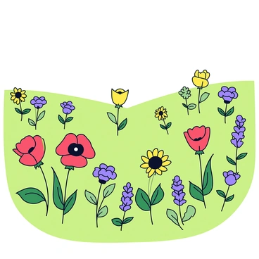 A vast meadow filled with a variety of colorful wildflowers, including red poppies, yellow daisies, and purple lavender. Scattered throughout the meadow are tiny broccoli plants, their green florets contrasting with the vibrant flowers. The wildflowers sway gently in the breeze, creating a lively scene. The sky above is clear and bright, allowing sunlight to illuminate the entire meadow, enhancing the colors of the flowers and plants.