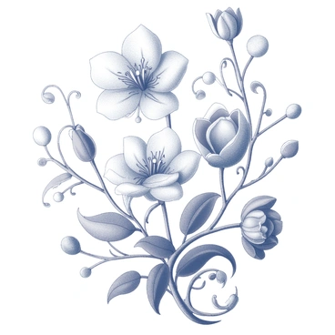 An intricate art nouveau design filled with stylized flowers and vines. The flowers are elegantly shaped, featuring delicate petals that curve gracefully. The vines intertwine around the flowers, creating a flowing, organic pattern. The composition showcases various sizes of blossoms, with some larger blooms prominently displayed alongside smaller ones. The design is richly detailed, with intricate line work that emphasizes the natural forms of the flora. The overall arrangement forms a harmonious and elegant visual flow throughout the image.