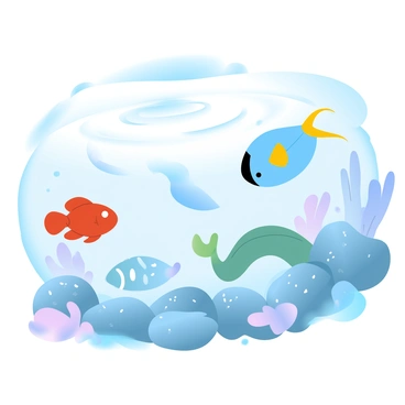 A variety of fish species are swimming around a rocky shoreline. Among them are a bright orange clownfish, a blue tang with a distinctive yellow tail, and a greenish moray eel coiled among the rocks. The background features various types of rocks, some covered in seaweed and small barnacles. The water is clear, showing the detailed patterns and colors of the fish. Sunlight filters through the surface, creating a gentle ripple effect in the water. Various small aquatic plants are visible near the rocks, adding to the diverse marine environment.