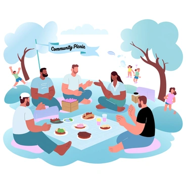 A large picnic area in a park is filled with colorful blankets and picnic baskets. Several veterans in casual clothing are seated in groups, sharing stories animatedly. One veteran is holding a plate of food, while another is gesturing with a hand as they speak. Nearby, a table is set with various dishes, including sandwiches, salads, and drinks. Trees surround the area, providing a natural backdrop, and a gentle breeze rustles the leaves. In the distance, children are playing with a frisbee, adding a lively atmosphere to the scene. A banner reading "Community Picnic" is hung among the trees.