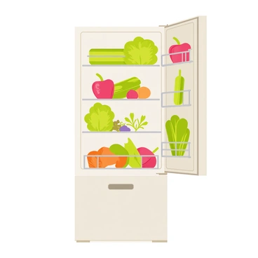 A refrigerator with a bright white exterior and a clear glass door. Inside, there are various shelves filled with an assortment of fresh vegetables and greens. Bright green lettuce, crisp cucumbers, vibrant red tomatoes, and colorful bell peppers are neatly arranged. A section contains fresh herbs like parsley and basil, while carrots and radishes are placed in a bin at the bottom. The overall composition showcases an abundance of fresh produce, emphasizing cleanliness and organization.