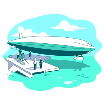 A large airship with a streamlined design is docked at a white floating platform. The airship has teal accents along its body and a large propeller visible at the stern. Several passengers, dressed in casual attire, are boarding the airship using a short set of stairs leading from the platform. The platform is surrounded by calm turquoise water, reflecting the airship and the bright blue sky above. Some passengers are carrying bags, while others are waving to friends on the platform as they prepare to embark on their journey.