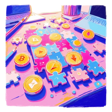 A puzzle composed of interlocking cryptocurrency symbols is laid out on a wooden table. The symbols, such as "Bitcoin," "Ethereum," and "Litecoin," are intricately designed and fit together like a jigsaw puzzle. The surrounding area features scattered puzzle pieces, some flipped over, revealing their blank sides. A warm light source illuminates the scene, casting soft shadows and highlighting the detailed engravings on each symbol. In the background, there are hints of a laptop and a notepad, suggesting an ongoing attempt to solve the puzzle.