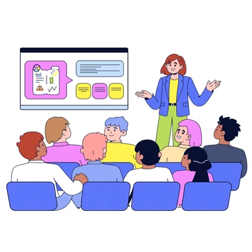 A woman standing confidently at a podium, presenting her tech innovation idea. She has shoulder-length brown hair and is wearing a smart, professional outfit, consisting of a tailored blazer and a blouse. Behind her is a large screen displaying a colorful infographic related to her presentation. The audience is seated in rows, attentively looking at her, with diverse expressions of interest on their faces. The setting is a modern conference room with bright lighting and simple decorations.