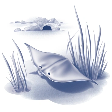 A stingray gracefully gliding through seagrass on the ocean floor. The seagrass is abundant, with long, flowing blades swaying gently in the water. In the background, a hidden cove is partially visible, marked by rocky formations and the entrance obscured by foliage. The scene captures the tranquil movement of the stingray as it navigates its environment. Sunlight filters through the water, creating dappled patterns on the seagrass and the stingray's smooth, flat body.