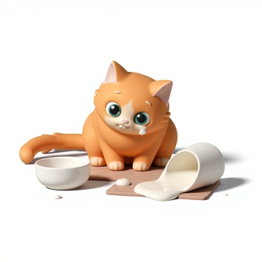 A mischievous cat, with fluffy ginger fur and bright green eyes, is sitting on a wooden floor. The cat has a dollop of white cream on its nose, adding to its playful appearance. Beside the cat is a porcelain bowl, tipped over and spilling cream onto the floor. The scene captures the cat's curious expression as it glances at the bowl, with some cream splattered nearby. The lighting creates shadows that emphasize the textures of the fur and the creamy liquid.