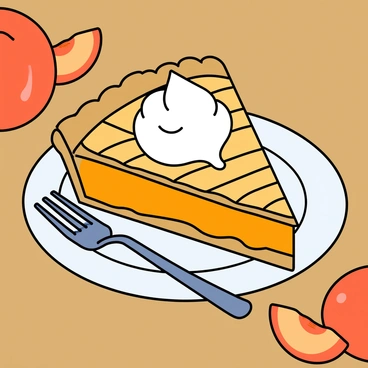 A slice of peach pie on a white ceramic plate. The pie has a golden-brown crust with visible peach filling peeking through the lattice top. On top of the pie, there is a generous dollop of fluffy white whipped cream, perfectly shaped and slightly melting at the edges. The plate rests on a wooden table, with a fork placed next to it for serving. A few peach slices are scattered around the plate, adding a pop of color.