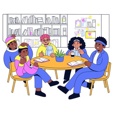 A cozy cafe interior with warm lighting and wooden furniture. A round table is filled with open books and steaming cups of coffee. Several members of the book club are seated around the table, animatedly sharing their thoughts. Each member has a unique appearance: one with curly hair wearing glasses, another with a scarf and a beanie. The walls are decorated with bookshelves filled with various books. A small potted plant sits in the center of the table.