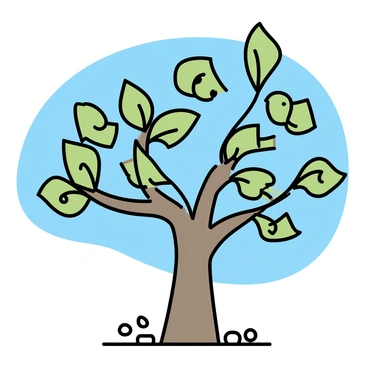 A whimsical tree with a thick brown trunk, extending in a slightly curved manner. The branches are wide and spread out, filled with bright green leaves that are distinctly shaped like dollar bills. The leaves flutter gently in a light breeze, creating a playful scene. At the base of the tree, there are small piles of coins scattered on the ground, subtly adding to the theme of savings. The background features a clear blue sky, accentuating the vibrant colors of the tree and its unique leaves.