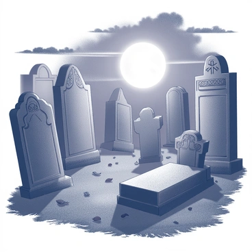 A graveyard filled with ancient tombstones of various shapes and sizes, some adorned with intricate carvings while others are worn and weathered. The ground is uneven, with patches of grass and scattered leaves. A thick mist swirls around the tombstones, creating an atmosphere of mystery. Above, a full moon casts a bright light, illuminating the scene and creating long shadows from the stones. The sky is dark, with scattered clouds partially obscuring the moon.