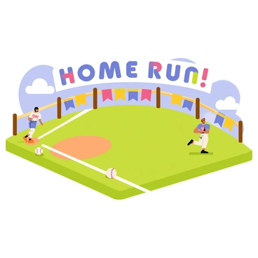 A sports banner featuring a green baseball field with white chalk lines marking the bases. The field is surrounded by a wooden fence adorned with colorful banners. In the background, there is a bright blue sky with fluffy white clouds drifting across. A baseball sits on the pitcher's mound, while players are scattered around the field in action poses. "Home Run!" is prominently displayed in bold, colorful lettering across the top of the banner.