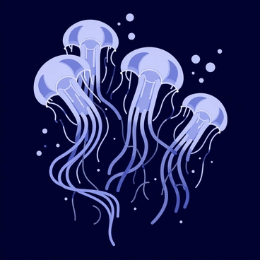A group of jellyfish gracefully floating in dark waters, their bodies glowing softly. The jellyfish have translucent forms with luminescent tentacles trailing behind them, creating a beautiful contrast against the deep blue background. Bubbles rise gently around them, adding to the serene atmosphere. The light emitted from the jellyfish illuminates parts of the surrounding water, enhancing the magical effect of their movement.