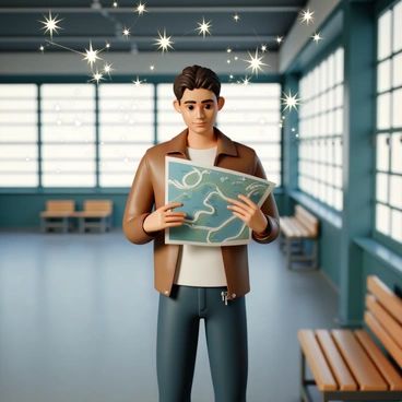 A traveler, wearing a brown leather jacket and dark blue jeans, stands inside a bustling train station. The traveler holds an unfolded map in their hands, studying it intently. Surrounding the traveler, various paths are illuminated by shimmering stars, which are scattered throughout the scene, creating a glowing effect. The train station features large windows letting in the soft glow of the evening light, and a wooden bench is visible nearby. The traveler’s expression shows a mix of curiosity and contemplation as they consider different destinations suggested by the starry paths.