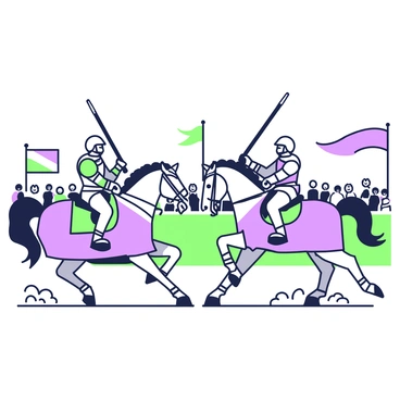 Two knights on horseback are charging toward each other in a jousting tournament. Each knight is clad in intricate armor, with one in a green and silver attire and the other in purple and gold. They hold lances firmly in their right hands, with the tips aimed directly at each other. The horses are powerful, galloping with determination, their manes flowing in the wind. A cheering crowd is visible in the background, with banners waving and spectators eagerly watching the contest. The ground is marked with the impact of their hooves, adding to the dynamic action of the scene.