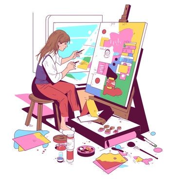 An artist with light brown hair is focused on creating a collage on a large canvas. The artist is seated on a wooden stool, surrounded by various colorful cut-out images and textured materials scattered around. The canvas displays a vibrant arrangement of different shapes and patterns, with the artist using a pair of scissors in one hand and a glue stick in the other. Bright sunlight streams in from a nearby window, illuminating the artist's workspace and casting soft shadows on the floor. Various tubes of paint and brushes are neatly organized on a table beside them.