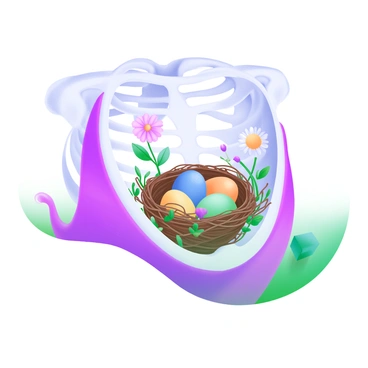 A modern pastel illustration of a bird nest nestled within the hollow of a rib cage. The rib cage is depicted in soft pastel hues, emphasizing its curves and structure. The bird nest is intricately woven, showcasing delicate twigs and bright, colorful eggs peeking through the foliage. Surrounding the nest, there are small flowers and leaves that add a touch of whimsy. A gentle light filters through the ribs, creating a serene atmosphere around the nest.