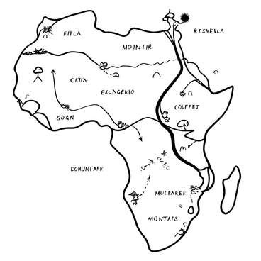 A black-and-white illustration of a large continent divided into various regions, with clear markings indicating "fault lines" running through the landscape. The lines are depicted in varying thickness, showcasing their significance. Each region is labeled with prominent names of geographical features, such as mountains and rivers. Additional symbols represent cities and natural landmarks scattered throughout the continent, providing a comprehensive view of the area. A legend explaining the fault lines and symbols is positioned at the bottom corner of the map.