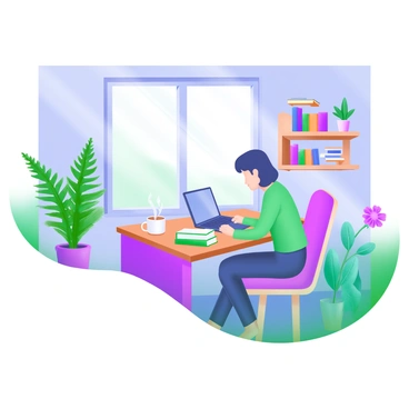 A cozy home office is filled with lush green plants and shelves lined with colorful books. In the center, a person is sitting at a wooden desk, focused on a laptop screen. Sunlight streams through a large window, casting gentle shadows across the room. A comfortable chair supports the person, and a mug with steaming coffee is placed next to a small stack of notebooks. A potted fern and a flowering plant add vibrant touches to the workspace.